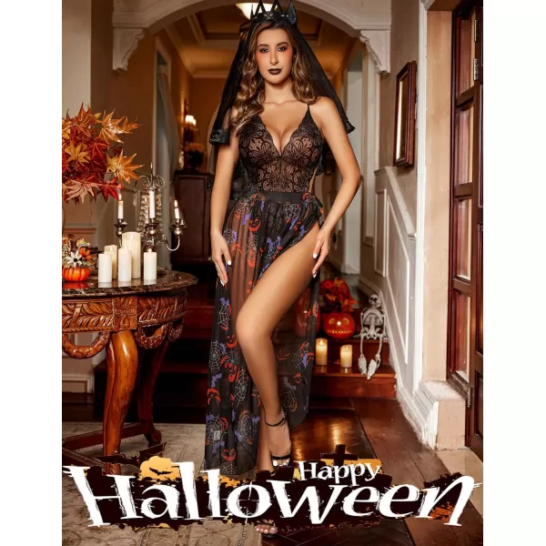 Avidlove Women One Piece Lingerie Deep V Lace Bodysuit Mosaic Lace Teddy Mesh SkirtGhost Bat