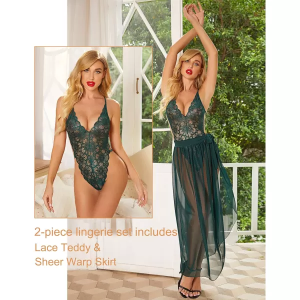 Avidlove Women One Piece Lingerie Deep V Lace Bodysuit Mosaic Lace Teddy Mesh SkirtGreen