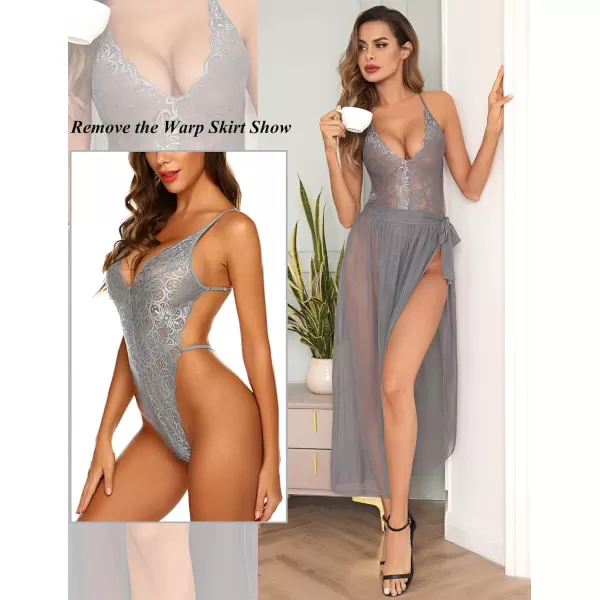 Avidlove Women One Piece Lingerie Deep V Lace Bodysuit Mosaic Lace Teddy Mesh SkirtGrey