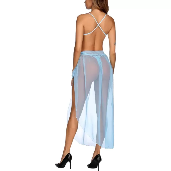 Avidlove Women One Piece Lingerie Deep V Lace Bodysuit Mosaic Lace Teddy Mesh SkirtLight Blue