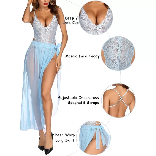 Avidlove Women One Piece Lingerie Deep V Lace Bodysuit Mosaic Lace Teddy Mesh SkirtLight Blue