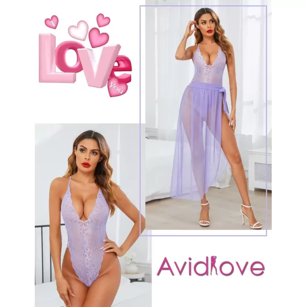 Avidlove Women One Piece Lingerie Deep V Lace Bodysuit Mosaic Lace Teddy Mesh SkirtLight Purple