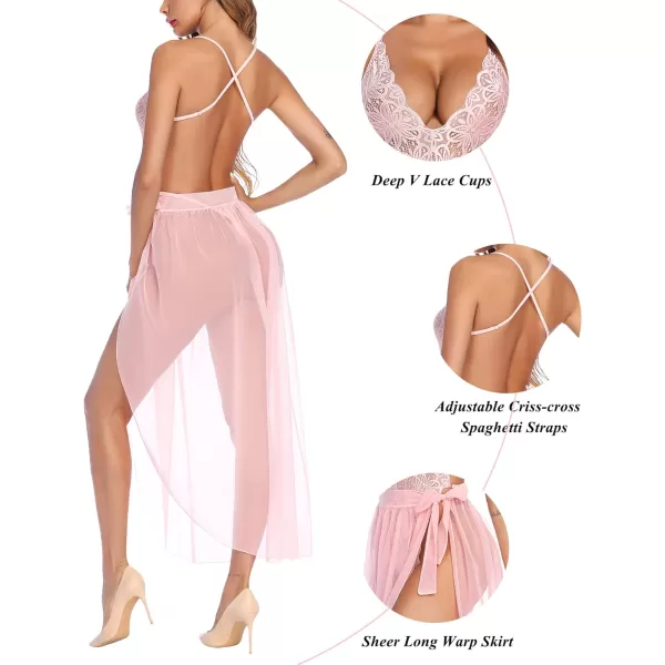 Avidlove Women One Piece Lingerie Deep V Lace Bodysuit Mosaic Lace Teddy Mesh SkirtPeach