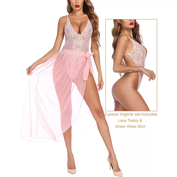 Avidlove Women One Piece Lingerie Deep V Lace Bodysuit Mosaic Lace Teddy Mesh SkirtPeach