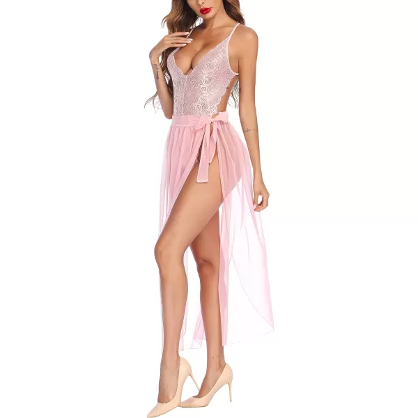 Avidlove Women One Piece Lingerie Deep V Lace Bodysuit Mosaic Lace Teddy Mesh SkirtPeach
