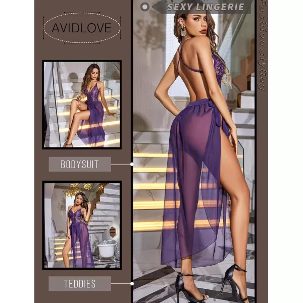 Avidlove Women One Piece Lingerie Deep V Lace Bodysuit Mosaic Lace Teddy Mesh SkirtPurple