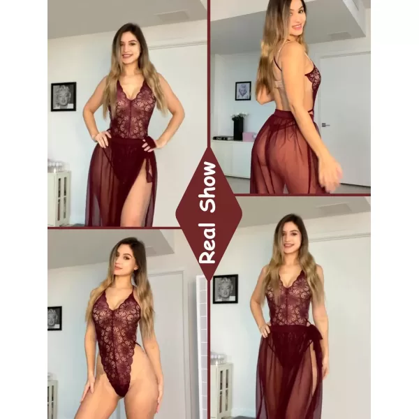 Avidlove Women One Piece Lingerie Deep V Lace Bodysuit Mosaic Lace Teddy Mesh SkirtRed Brown