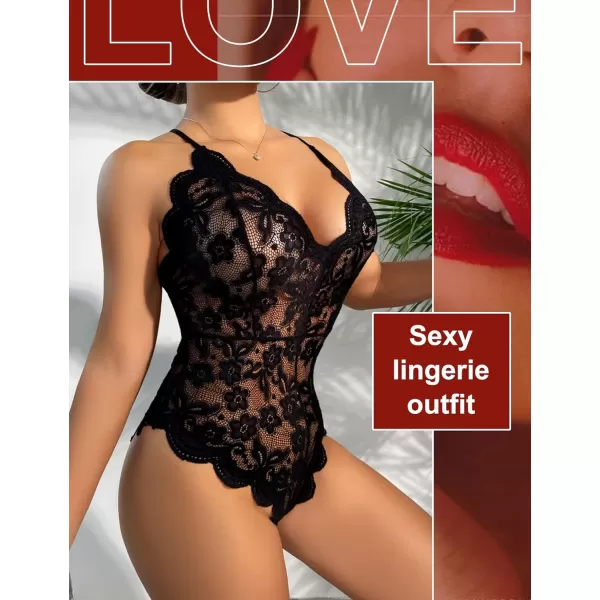 Avidlove Women One Piece Lingerie Deep V Teddy Sexy Lace BodysuitAblack