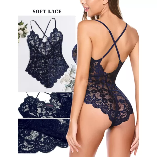 Avidlove Women One Piece Lingerie Deep V Teddy Sexy Lace BodysuitBnavy Blue