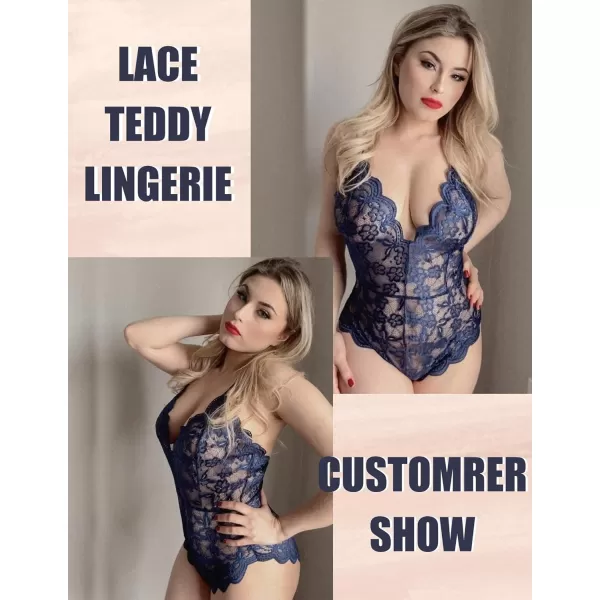 Avidlove Women One Piece Lingerie Deep V Teddy Sexy Lace BodysuitBnavy Blue