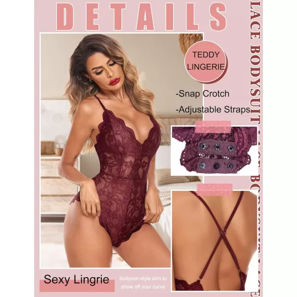 Avidlove Women One Piece Lingerie Deep V Teddy Sexy Lace BodysuitBurgundy Red