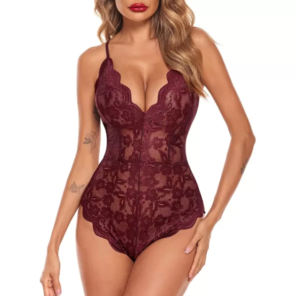 Avidlove Women One Piece Lingerie Deep V Teddy Sexy Lace BodysuitBurgundy Red