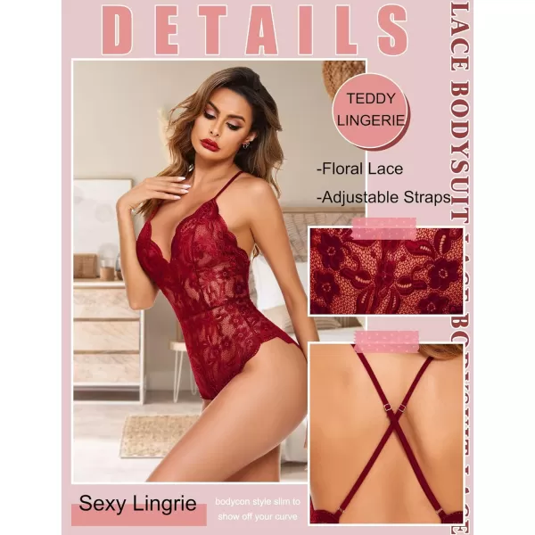 Avidlove Women One Piece Lingerie Deep V Teddy Sexy Lace BodysuitBwine Red