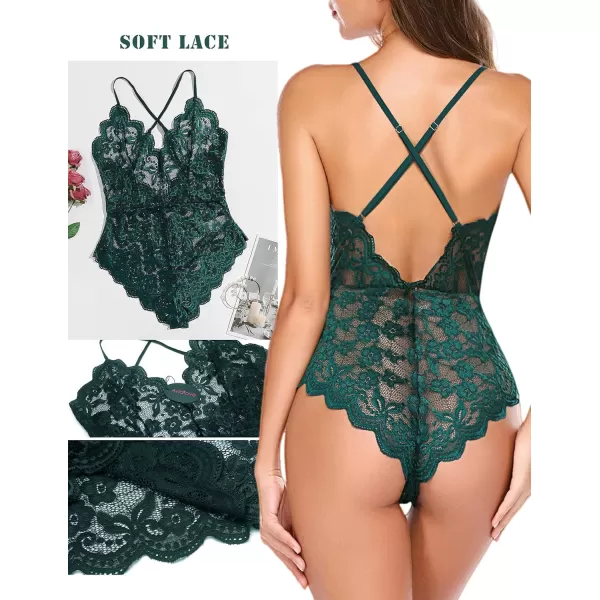 Avidlove Women One Piece Lingerie Deep V Teddy Sexy Lace BodysuitDark Green