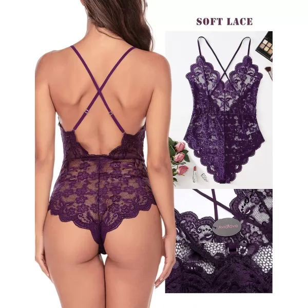 Avidlove Women One Piece Lingerie Deep V Teddy Sexy Lace BodysuitDark Purple