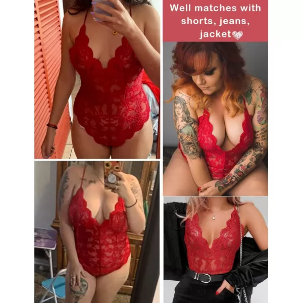 Avidlove Women One Piece Lingerie Deep V Teddy Sexy Lace BodysuitDark Red