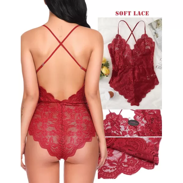 Avidlove Women One Piece Lingerie Deep V Teddy Sexy Lace BodysuitDark Red