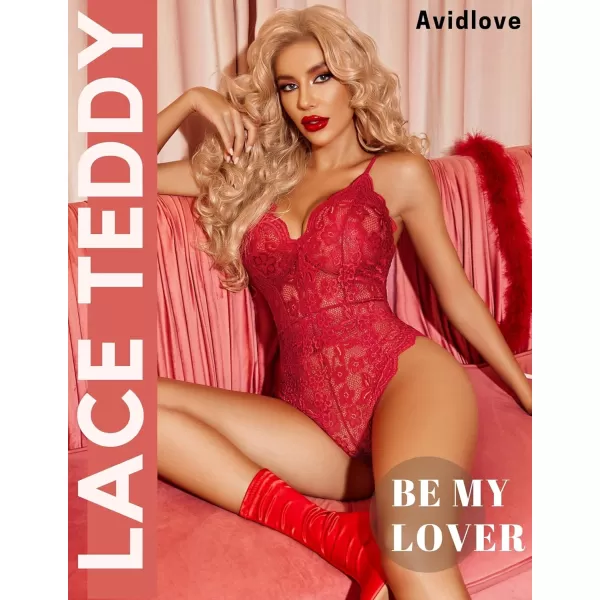 Avidlove Women One Piece Lingerie Deep V Teddy Sexy Lace BodysuitDark Red