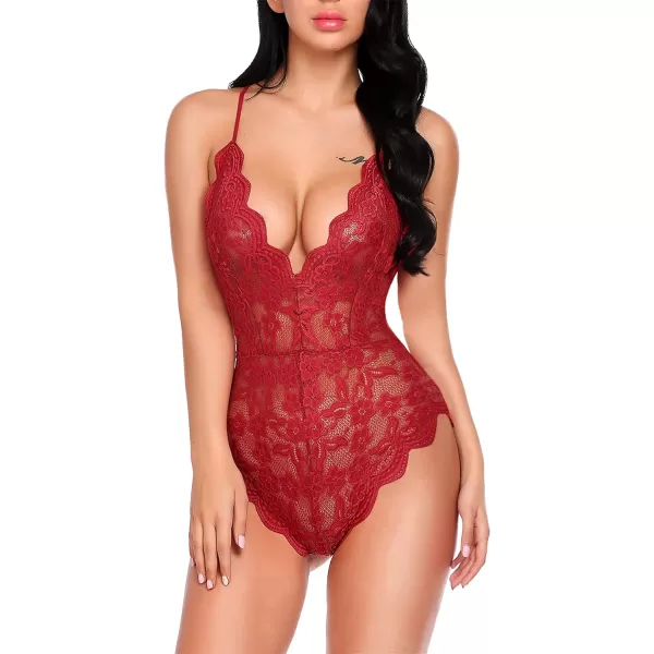 Avidlove Women One Piece Lingerie Deep V Teddy Sexy Lace BodysuitDark Red