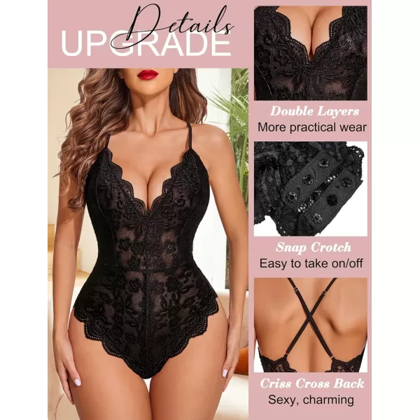 Avidlove Women One Piece Lingerie Deep V Teddy Sexy Lace BodysuitDouble Layers  Black