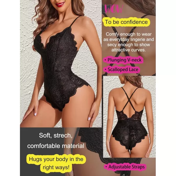 Avidlove Women One Piece Lingerie Deep V Teddy Sexy Lace BodysuitDouble Layers  Black