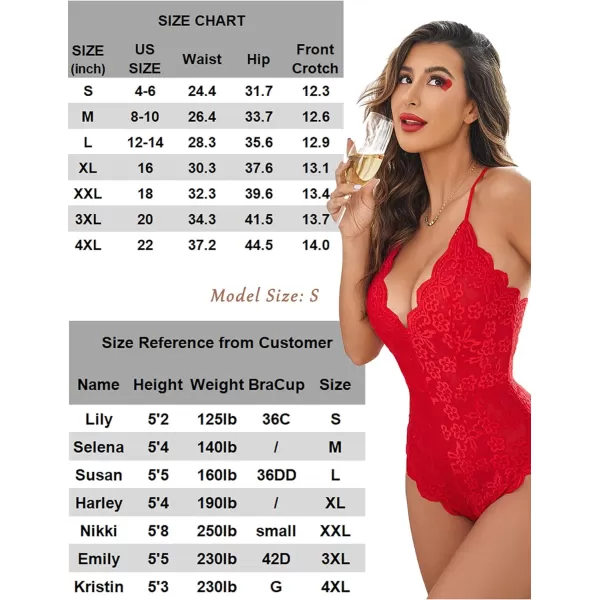 Avidlove Women One Piece Lingerie Deep V Teddy Sexy Lace BodysuitDouble Layers  Red