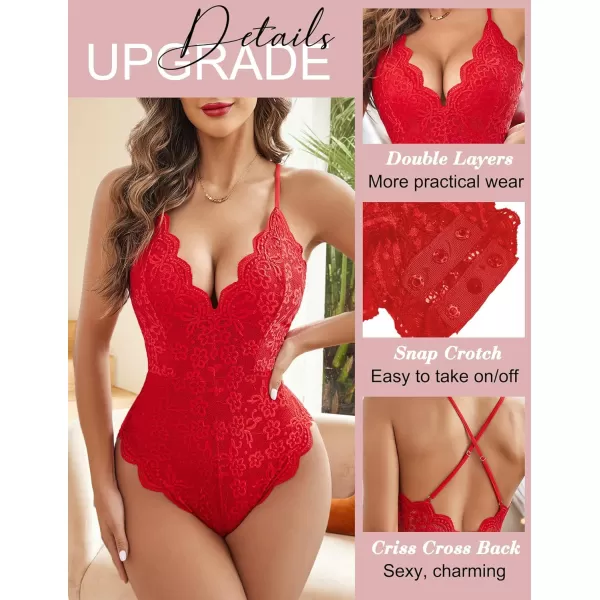 Avidlove Women One Piece Lingerie Deep V Teddy Sexy Lace BodysuitDouble Layers  Red