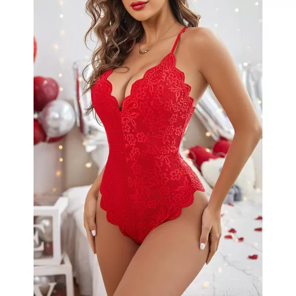 Avidlove Women One Piece Lingerie Deep V Teddy Sexy Lace BodysuitDouble Layers  Red