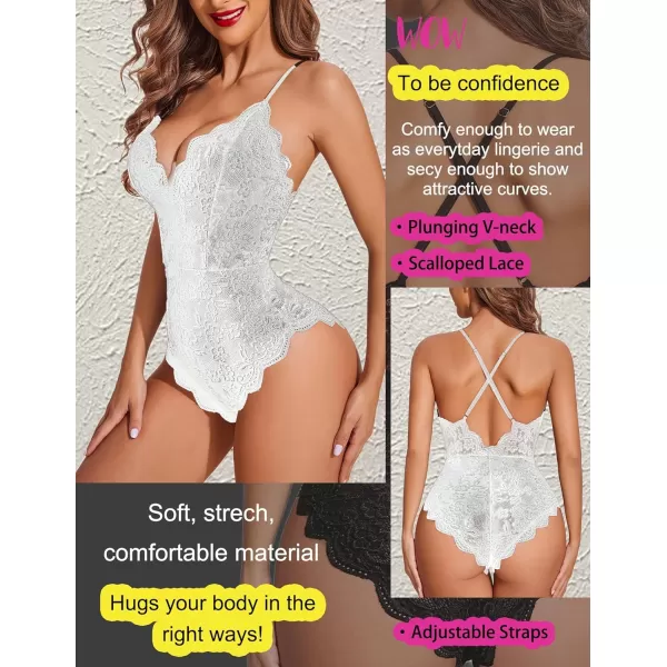 Avidlove Women One Piece Lingerie Deep V Teddy Sexy Lace BodysuitDouble Layers  White