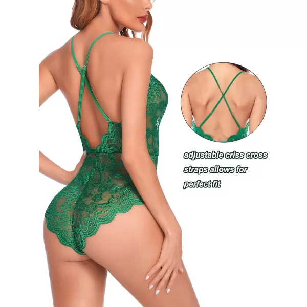 Avidlove Women One Piece Lingerie Deep V Teddy Sexy Lace BodysuitOnion Green