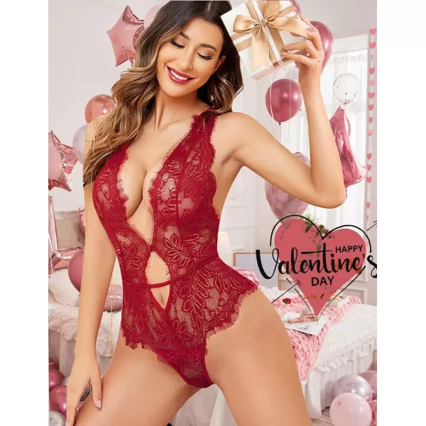 Avidlove Women One Piece Lingerie Lace Bodysuit Deep V Teddy Mini Babydoll1dark Red