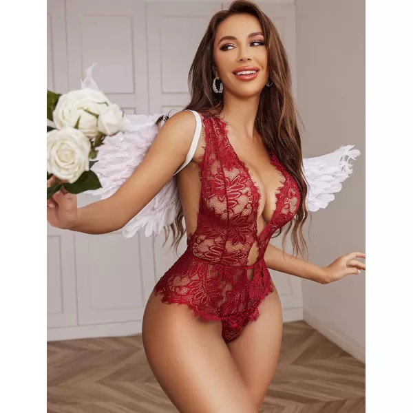 Avidlove Women One Piece Lingerie Lace Bodysuit Deep V Teddy Mini Babydoll1dark Red