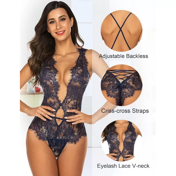 Avidlove Women One Piece Lingerie Lace Bodysuit Deep V Teddy Mini Babydoll1navy Blue