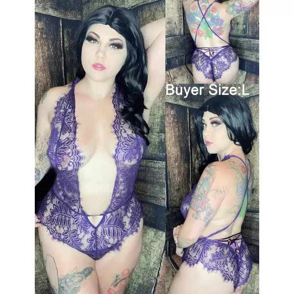 Avidlove Women One Piece Lingerie Lace Bodysuit Deep V Teddy Mini BabydollPurple