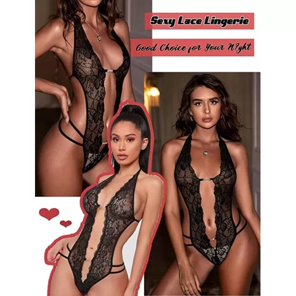Avidlove Women One Piece Lingerie Sexy Lace Bodysuit Deep V Teddy Babydoll Nightgown XSXXXLBlack