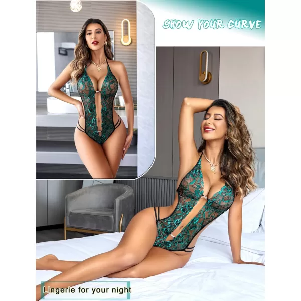 Avidlove Women One Piece Lingerie Sexy Lace Bodysuit Deep V Teddy Babydoll Nightgown XSXXXLBlackampgreen