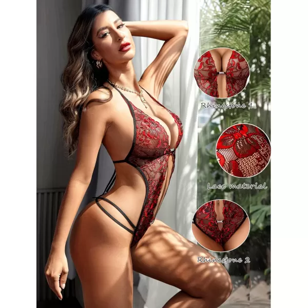 Avidlove Women One Piece Lingerie Sexy Lace Bodysuit Deep V Teddy Babydoll Nightgown XSXXXLBlackamptrue Red