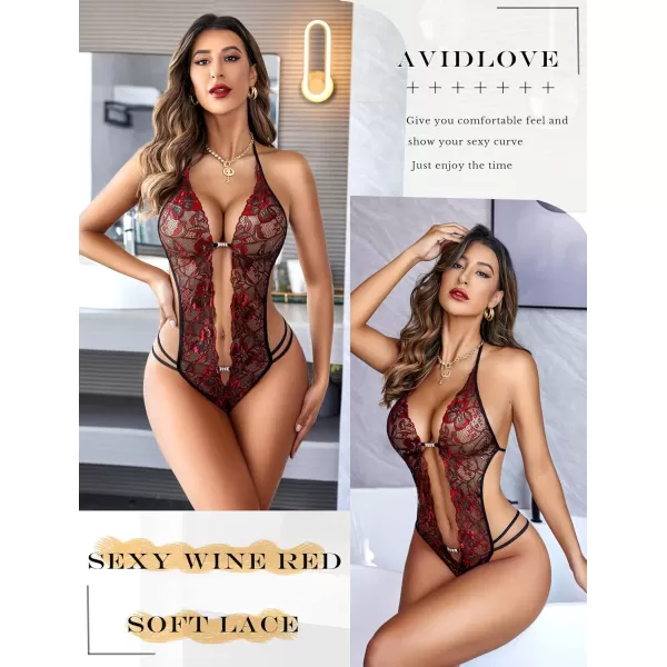 Avidlove Women One Piece Lingerie Sexy Lace Bodysuit Deep V Teddy Babydoll Nightgown XSXXXLBlackampwine Red