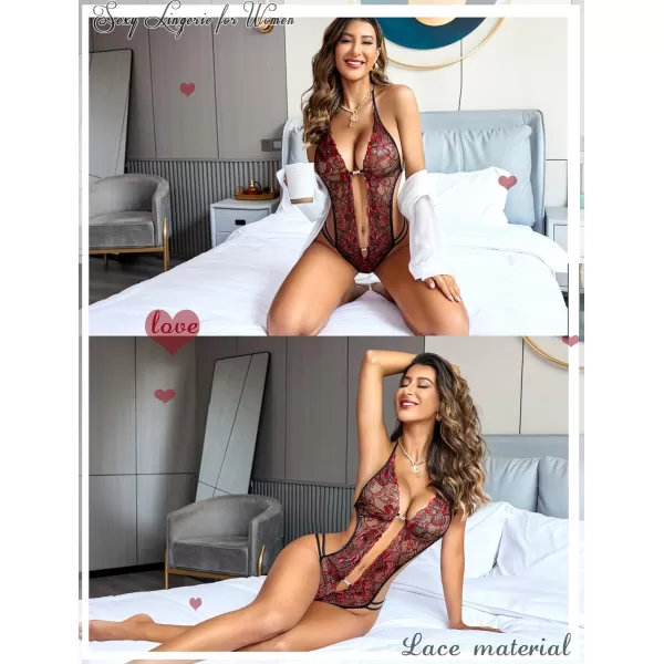 Avidlove Women One Piece Lingerie Sexy Lace Bodysuit Deep V Teddy Babydoll Nightgown XSXXXLBlackampwine Red