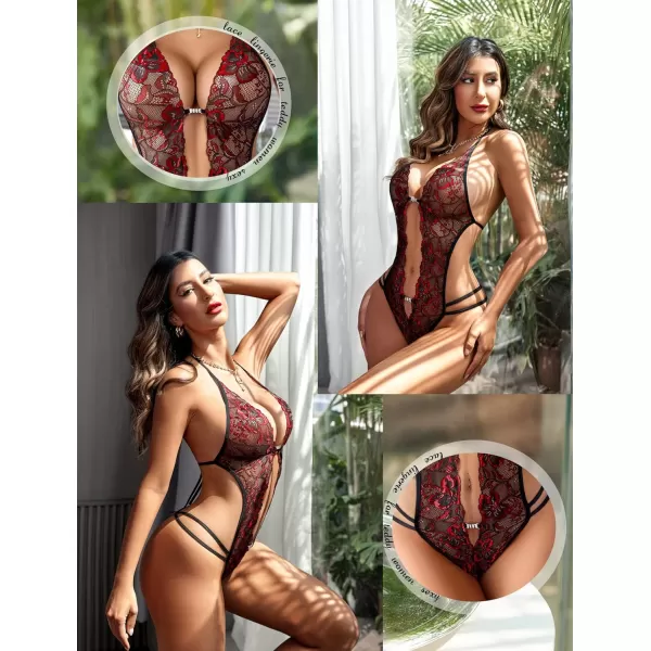 Avidlove Women One Piece Lingerie Sexy Lace Bodysuit Deep V Teddy Babydoll Nightgown XSXXXLBlackampwine Red