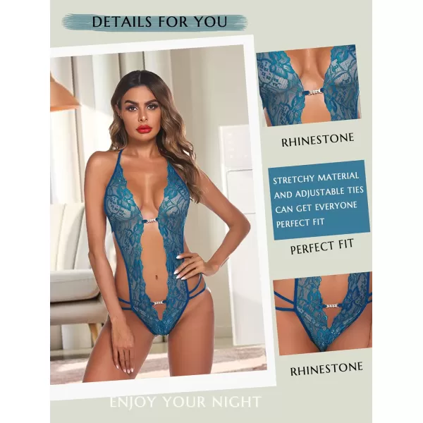 Avidlove Women One Piece Lingerie Sexy Lace Bodysuit Deep V Teddy Babydoll Nightgown XSXXXLBlue Green