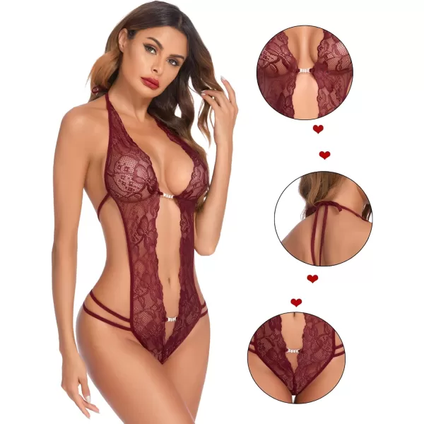 Avidlove Women One Piece Lingerie Sexy Lace Bodysuit Deep V Teddy Babydoll Nightgown XSXXXLCherry Red