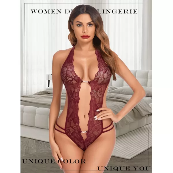 Avidlove Women One Piece Lingerie Sexy Lace Bodysuit Deep V Teddy Babydoll Nightgown XSXXXLCherry Red