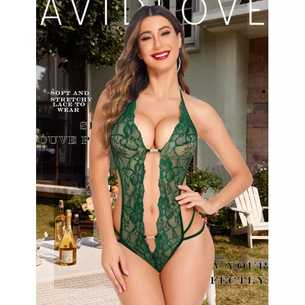 Avidlove Women One Piece Lingerie Sexy Lace Bodysuit Deep V Teddy Babydoll Nightgown XSXXXLDark Green