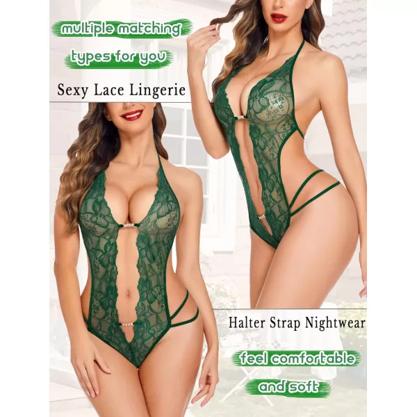 Avidlove Women One Piece Lingerie Sexy Lace Bodysuit Deep V Teddy Babydoll Nightgown XSXXXLDark Green