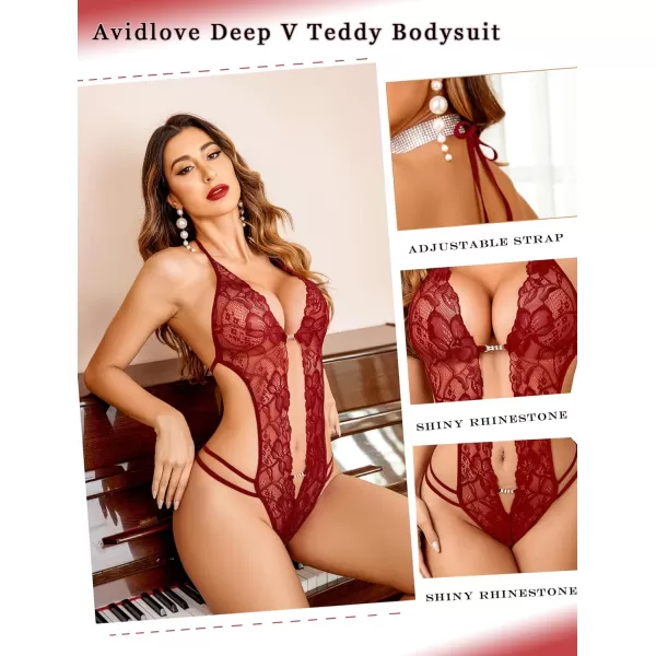 Avidlove Women One Piece Lingerie Sexy Lace Bodysuit Deep V Teddy Babydoll Nightgown XSXXXLDarkWine Red