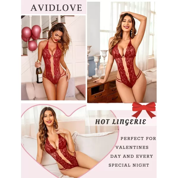 Avidlove Women One Piece Lingerie Sexy Lace Bodysuit Deep V Teddy Babydoll Nightgown XSXXXLDarkWine Red