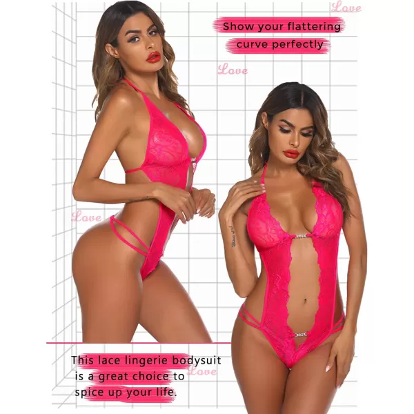 Avidlove Women One Piece Lingerie Sexy Lace Bodysuit Deep V Teddy Babydoll Nightgown XSXXXLHot Pink