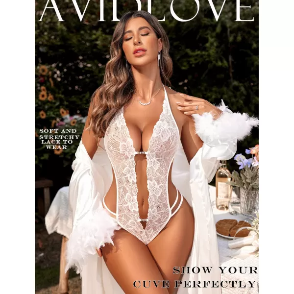 Avidlove Women One Piece Lingerie Sexy Lace Bodysuit Deep V Teddy Babydoll Nightgown XSXXXLLight White