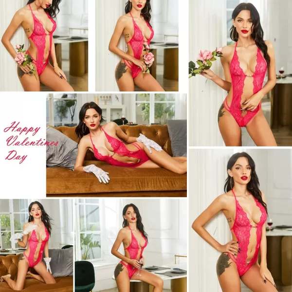 Avidlove Women One Piece Lingerie Sexy Lace Bodysuit Deep V Teddy Babydoll Nightgown XSXXXLRose Red